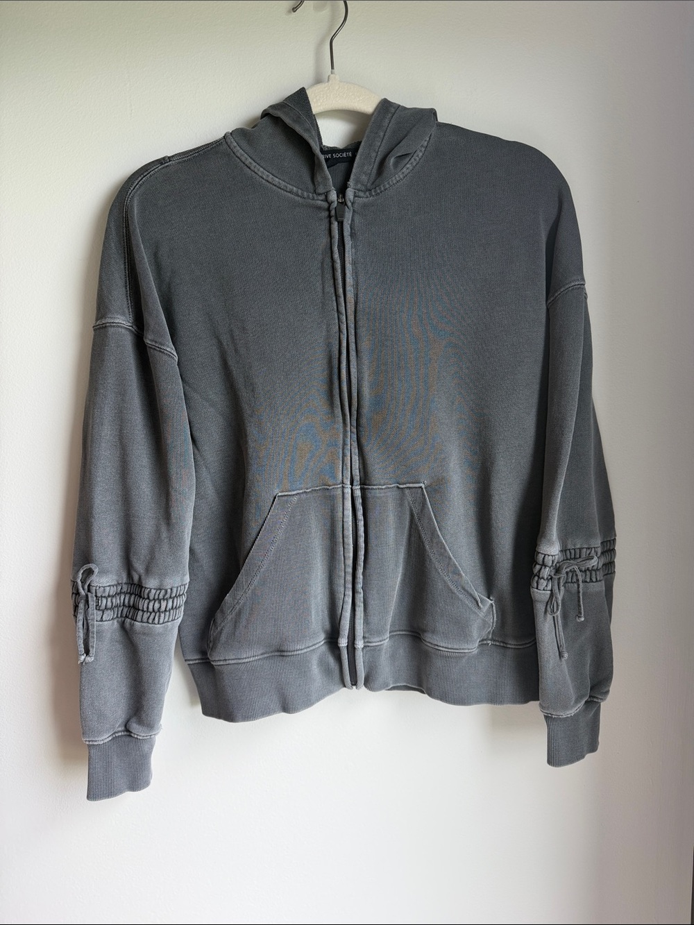 Washed Charcoal Zip-Up Hoodie with Drawstring Sleeve Details